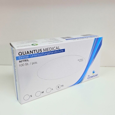 Kartonik niebieskich rękawic Quantus Medical rozmiar XL - 100 sztuk.